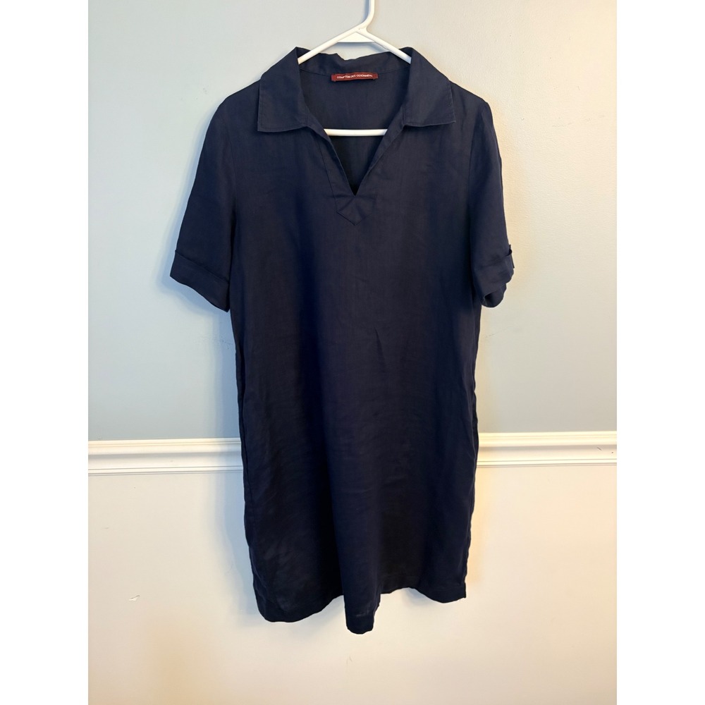 Comptoir des Cotonniers Navy Blue 100% Linen V-Neck Shift Dress Pockets Size S